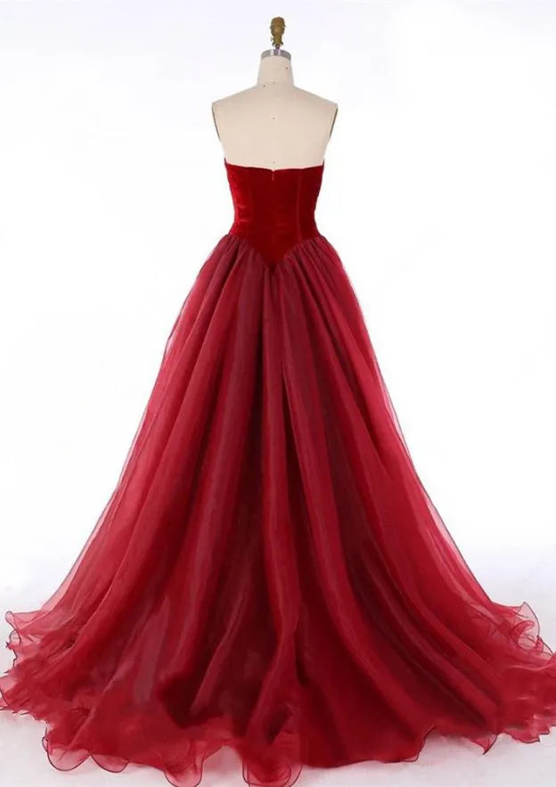 Regal Velvet-Tulle Long Evening Dress Burgundy Sweetheart Sleeveless Party Gown for Women