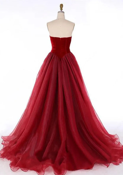 Regal Velvet-Tulle Long Evening Dress Burgundy Sweetheart Sleeveless Party Gown for Women