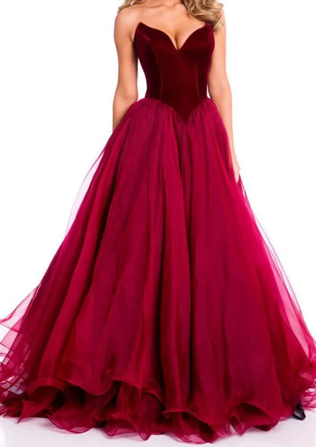 Regal Velvet-Tulle Long Evening Dress Burgundy Sweetheart Sleeveless Party Gown for Women