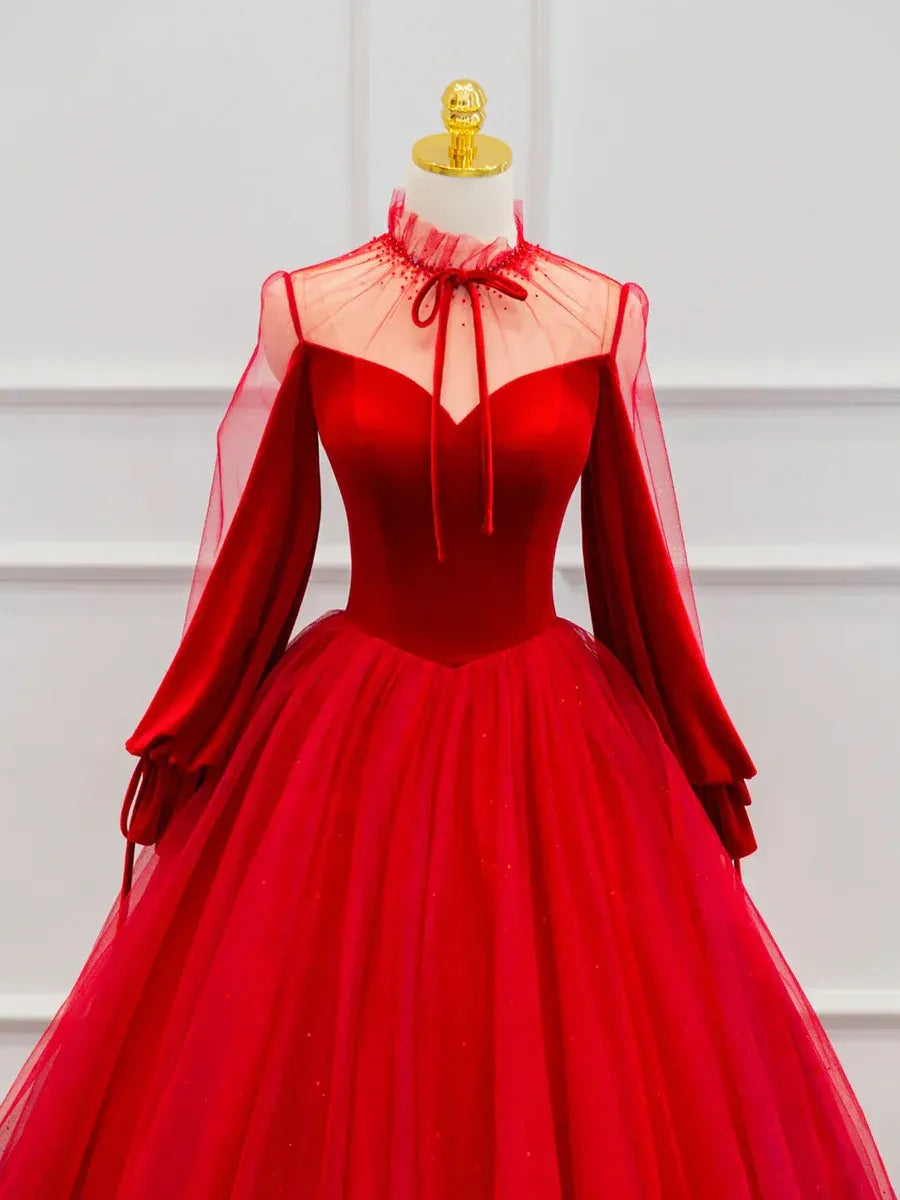 Regal Velvet-Tulle Maxi Evening Dress Red High Neck Sheer Long Sleeves for Women