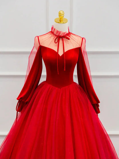 Regal Velvet-Tulle Maxi Evening Dress Red High Neck Sheer Long Sleeves for Women