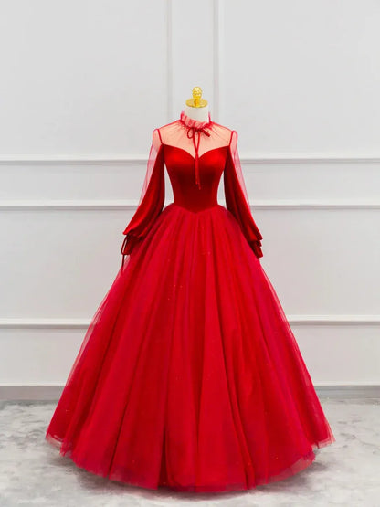 Regal Velvet-Tulle Maxi Evening Dress Red High Neck Sheer Long Sleeves for Women