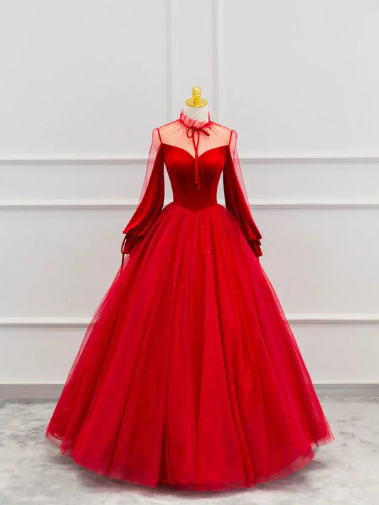 Regal Velvet-Tulle Maxi Evening Dress Red High Neck Sheer Long Sleeves for Women