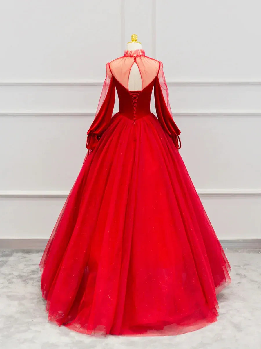 Regal Velvet-Tulle Maxi Evening Dress Red High Neck Sheer Long Sleeves for Women