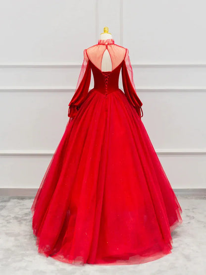 Regal Velvet-Tulle Maxi Evening Dress Red High Neck Sheer Long Sleeves for Women