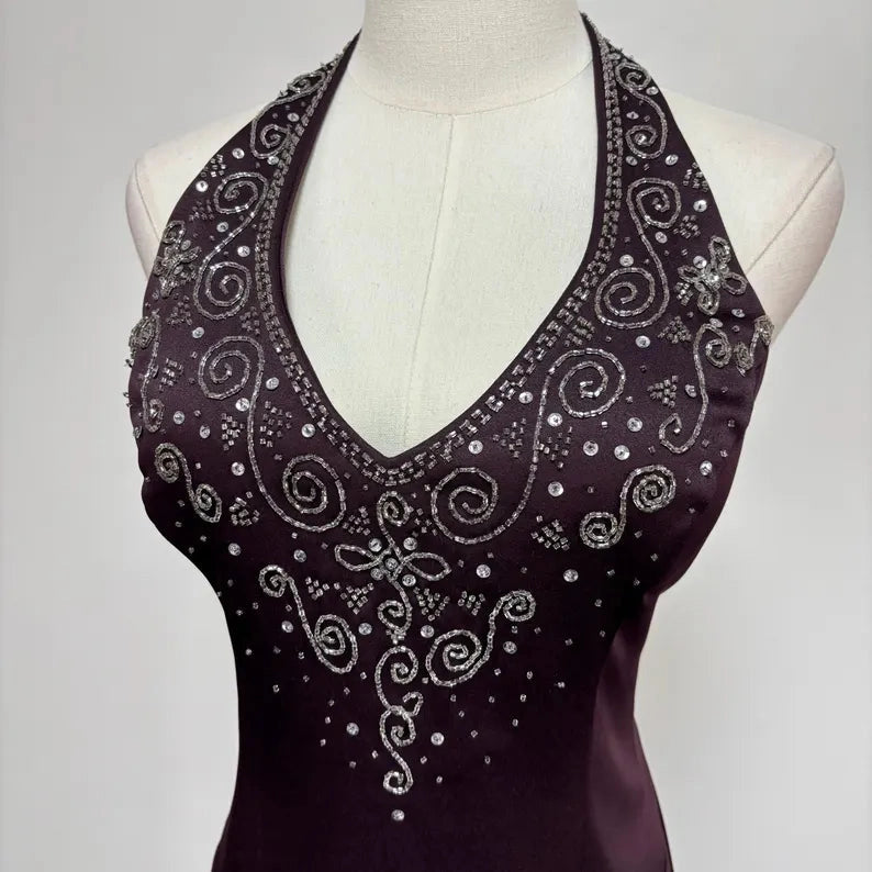 Retro A-line V Neck Sleeveless Beaded Satin Floor-Length Prom Dress