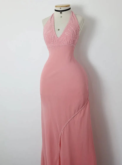 Retro A Line V Neck Sleeveless Open Back Long Prom Dresses