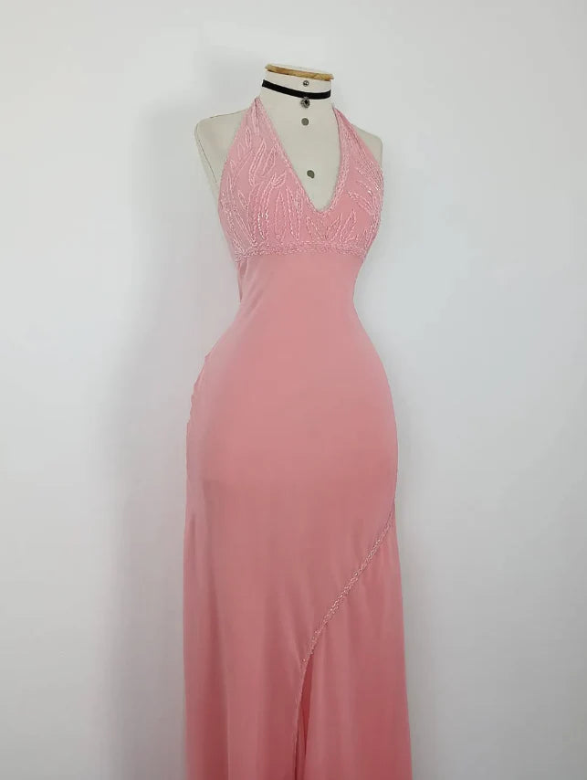 Retro A Line V Neck Sleeveless Open Back Long Prom Dresses