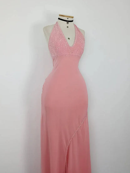 Retro A Line V Neck Sleeveless Open Back Long Prom Dresses