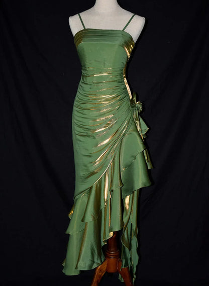 Retro Mermaid Spaghetti Straps Sleeveless Satin Floor-Length Ruffle Prom Dress