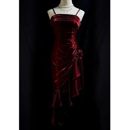 Retro Mermaid Spaghetti Straps Sleeveless Satin Floor-Length Ruffle Prom Dress