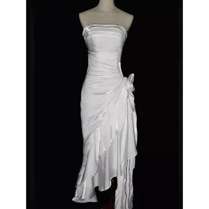Retro Mermaid Spaghetti Straps Sleeveless Satin Floor-Length Ruffle Prom Dress