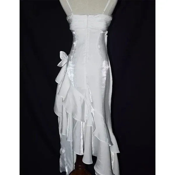 Retro Mermaid Spaghetti Straps Sleeveless Satin Floor-Length Ruffle Prom Dress