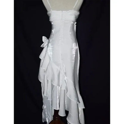 Retro Mermaid Spaghetti Straps Sleeveless Satin Floor-Length Ruffle Prom Dress