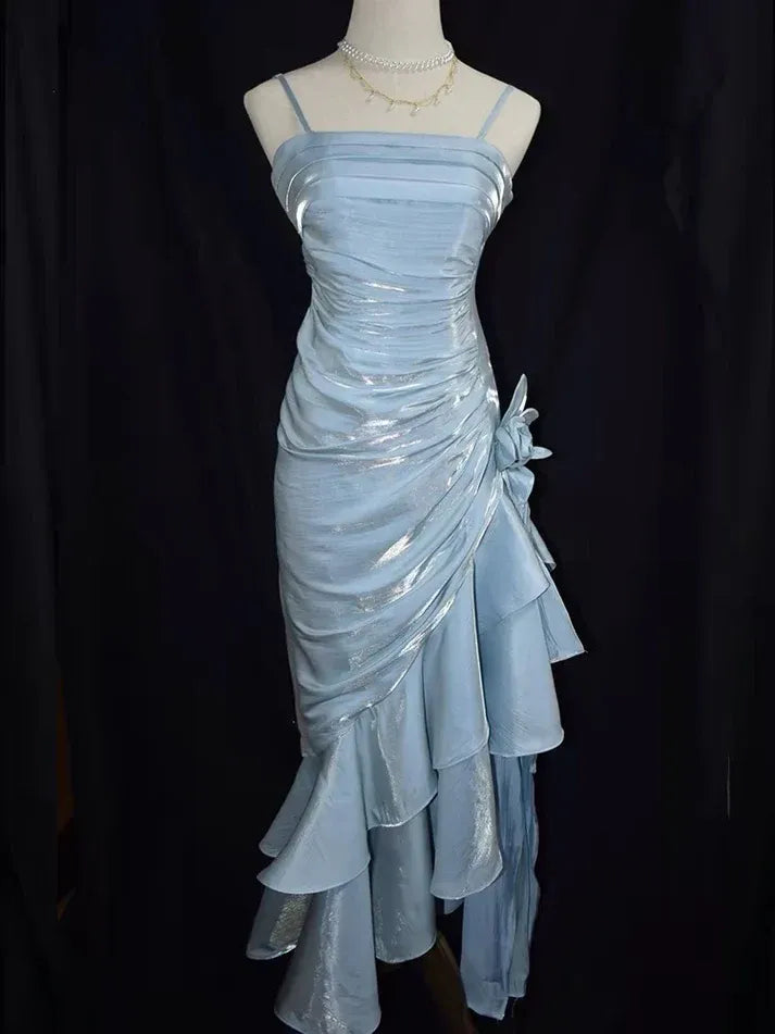 Retro Mermaid Spaghetti Straps Sleeveless Satin Floor-Length Ruffle Prom Dress