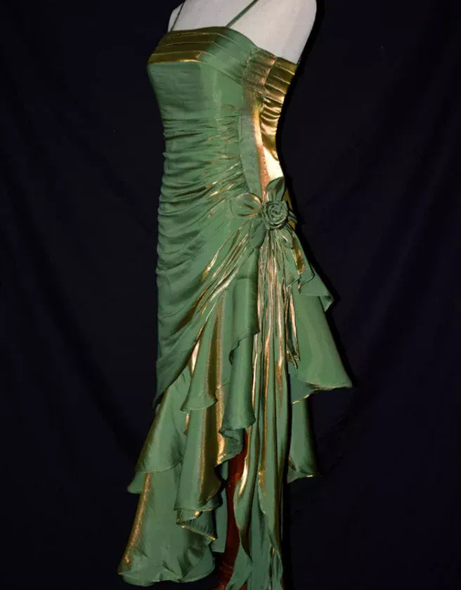 Retro Mermaid Spaghetti Straps Sleeveless Satin Floor-Length Ruffle Prom Dress