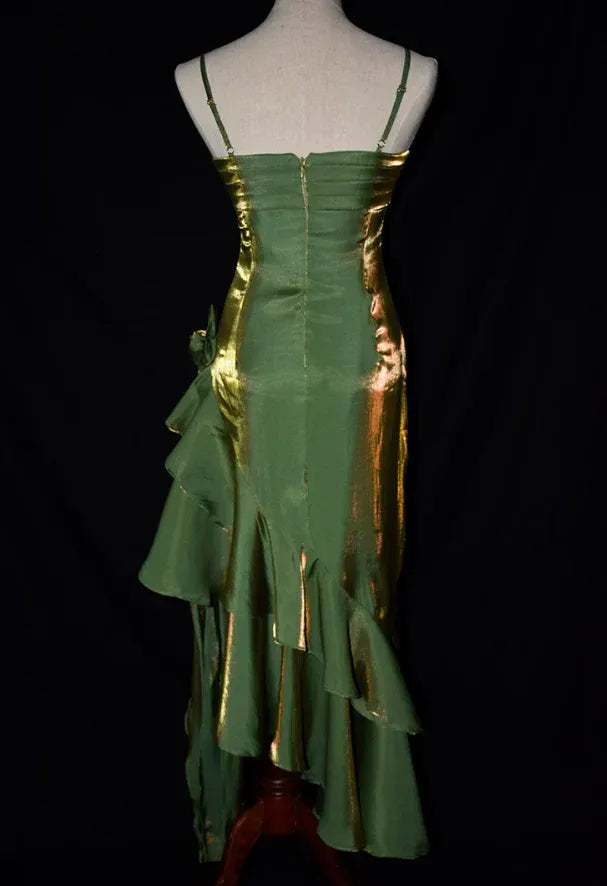 Retro Mermaid Spaghetti Straps Sleeveless Satin Floor-Length Ruffle Prom Dress