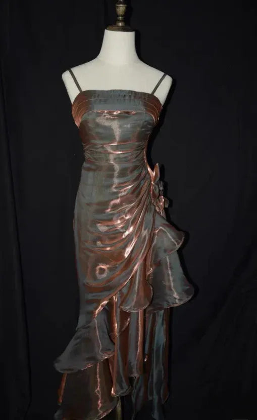 Retro Mermaid Spaghetti Straps Sleeveless Satin Floor-Length Ruffle Prom Dress