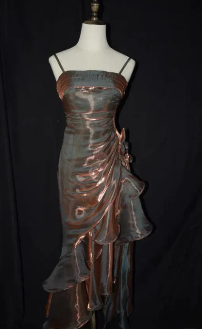 Retro Mermaid Spaghetti Straps Sleeveless Satin Floor-Length Ruffle Prom Dress