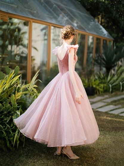 Retro Pink Velvet Tulle Tea Length Prom Dresses A-Line U-Neck Short Sleeve Princess Party Dresses