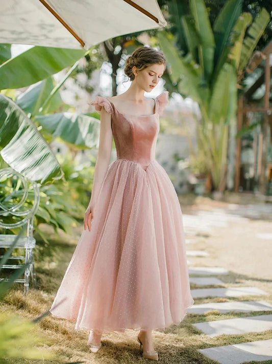 Retro Pink Velvet Tulle Tea Length Prom Dresses A-Line U-Neck Short Sleeve Princess Party Dresses