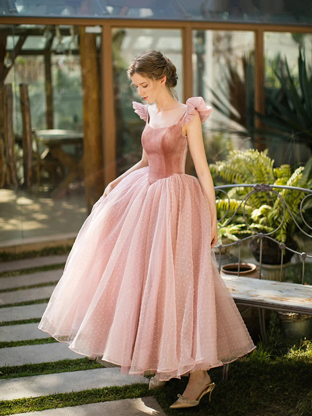 Retro Pink Velvet Tulle Tea Length Prom Dresses A-Line U-Neck Short Sleeve Princess Party Dresses