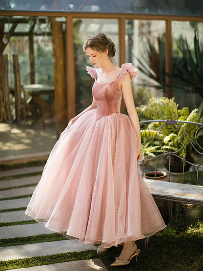 Retro Pink Velvet Tulle Tea Length Prom Dresses A-Line U-Neck Short Sleeve Princess Party Dresses