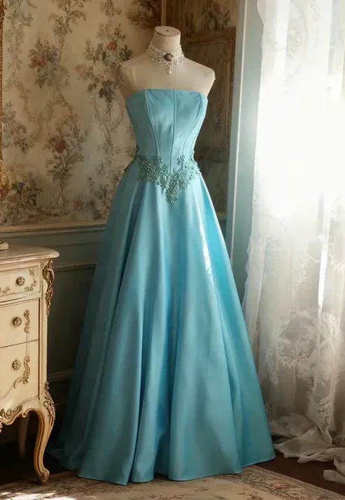 Retro A-Line Off the Shoulder Sleeveless Satin Floor-Length Backless Prom Dress