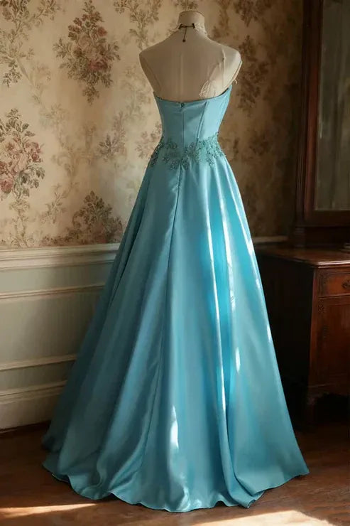 Retro A-Line Off the Shoulder Sleeveless Satin Floor-Length Backless Prom Dress