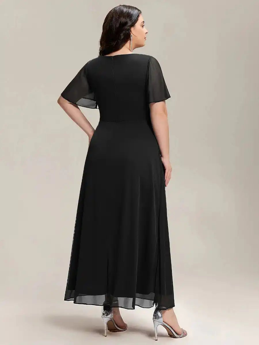 Rhinestone Embellished Chiffon Ruffle Sleeve Dress Mother Of The Bride Dresses