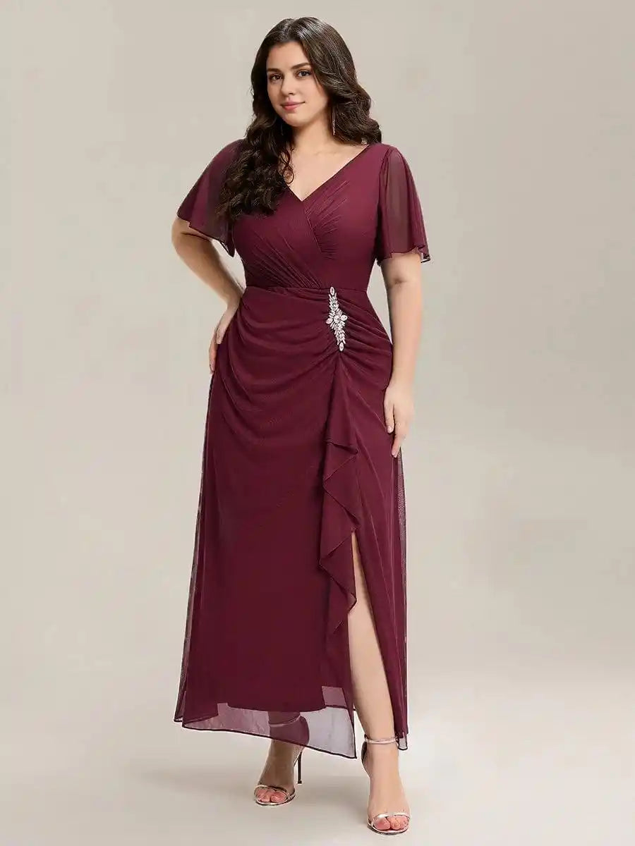 Rhinestone Embellished Chiffon Ruffle Sleeve Dress Mother Of The Bride Dresses