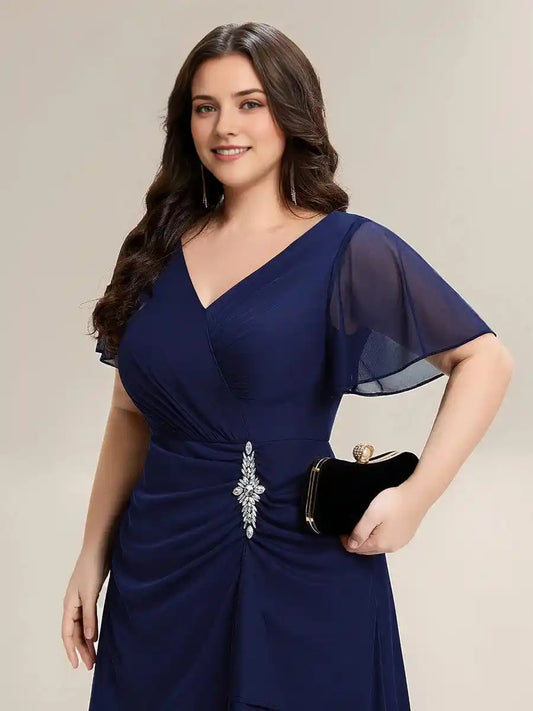 Rhinestone Embellished Chiffon Ruffle Sleeve Dress Mother Of The Bride Dresses