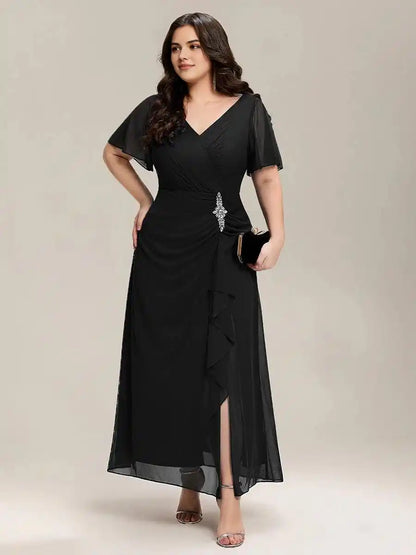 Rhinestone Embellished Chiffon Ruffle Sleeve Dress Mother Of The Bride Dresses