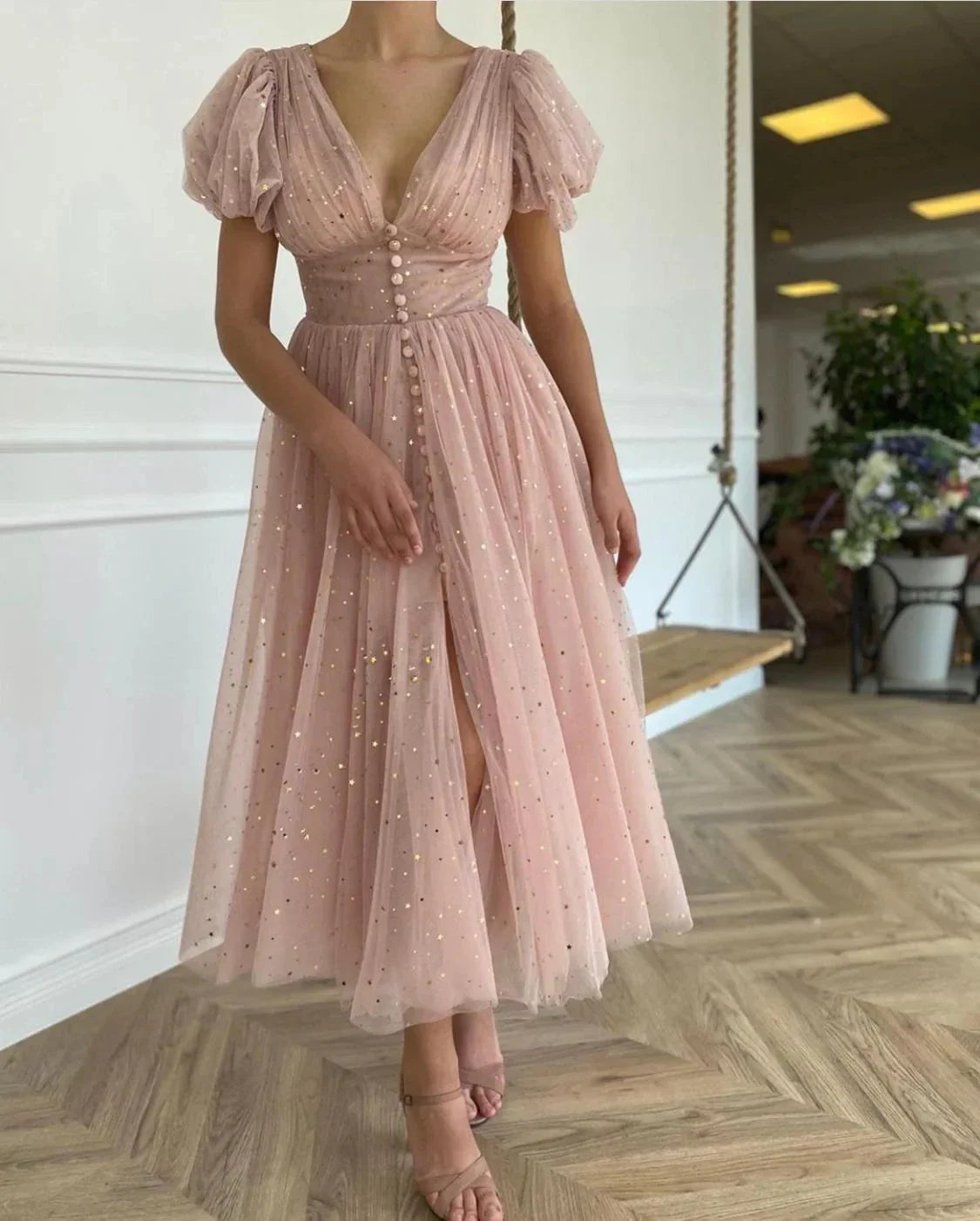 Romantic A-Line Deep V-Neck Puff Sleeve Back Zip Glitter Tulle High-Slit Midi Evening Dress