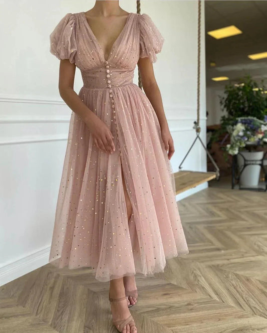 Romantic A-Line Deep V-Neck Puff Sleeve Back Zip Glitter Tulle High-Slit Midi Evening Dress