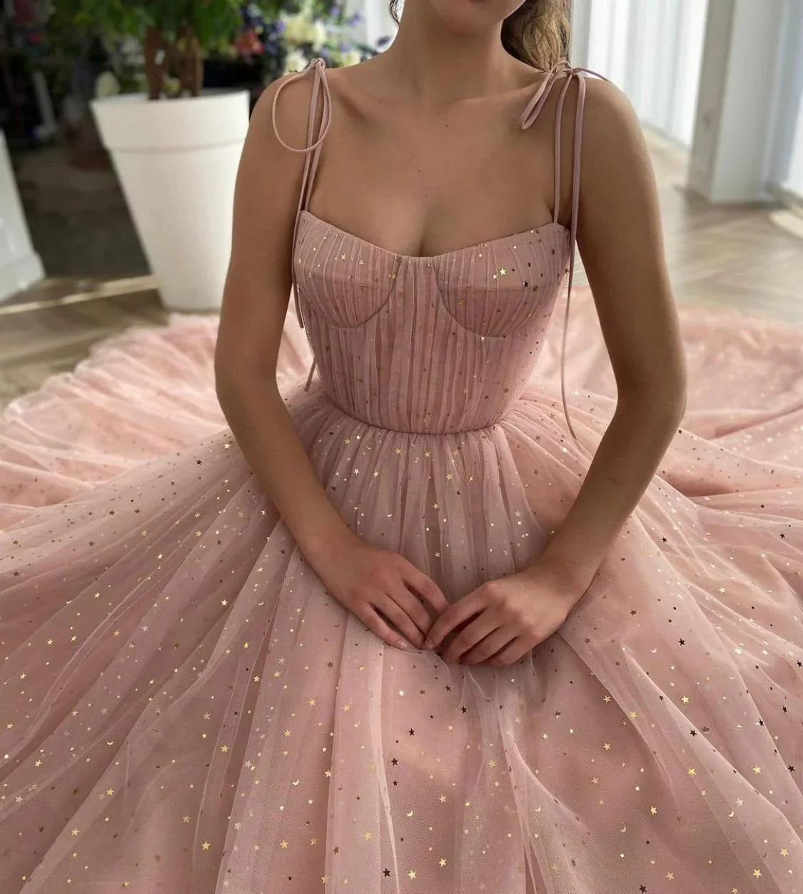 Romantic A-Line Deep V-Neck Puff Sleeve Back Zip Glitter Tulle High-Slit Midi Evening Dress