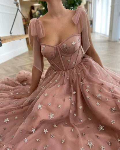 Romantic A-Line Deep V-Neck Puff Sleeve Back Zip Glitter Tulle High-Slit Midi Evening Dress