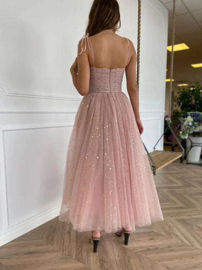 Romantic A-Line Deep V-Neck Puff Sleeve Back Zip Glitter Tulle High-Slit Midi Evening Dress