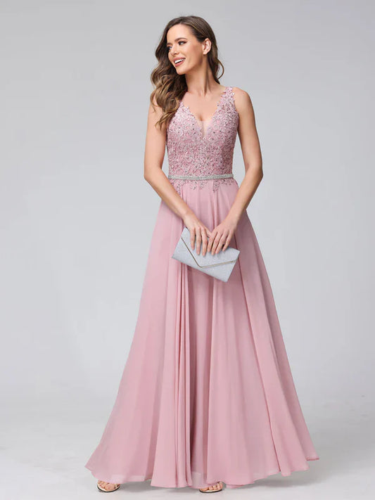 Romantic A-Line Deep-V-Neck Sleeveless Lace-Up-Back Blush Chiffon Floor-Length Prom Dresses