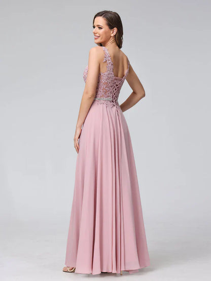 Romantic A-Line Deep-V-Neck Sleeveless Lace-Up-Back Blush Chiffon Floor-Length Prom Dresses