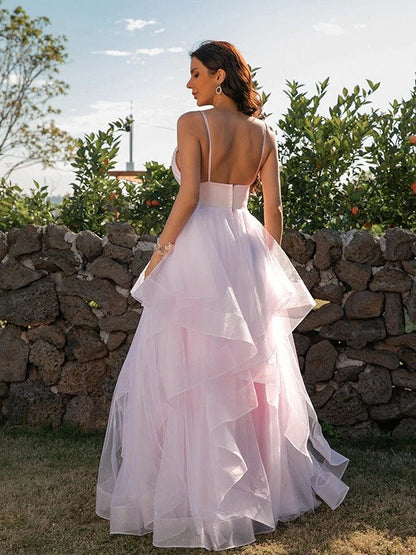 Romantic A-Line Deep V-Neck Spaghetti Strap Open Back Floor-Length Evening Dress