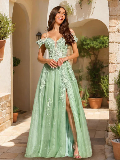 Romantic A-Line Off-Shoulder Feather-Sleeve-Lace-Up-Back Mint Glitter Tulle Floor-Length Prom Dresses
