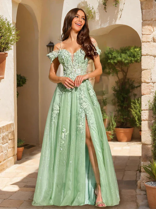 Romantic A-Line Off-Shoulder Feather-Sleeve-Lace-Up-Back Mint Glitter Tulle Floor-Length Prom Dresses