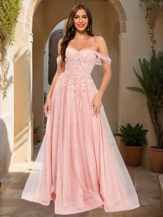 Romantic A-Line Off-Shoulder Sheer-Sleeve-Zip-Back Blush Ombre Tulle Lace Floor-Length Prom Dresses