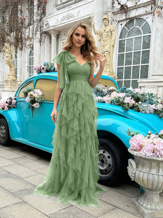 Romantic A - Line One - Shoulder Bow - Detail Floor - Length Evening Dresses