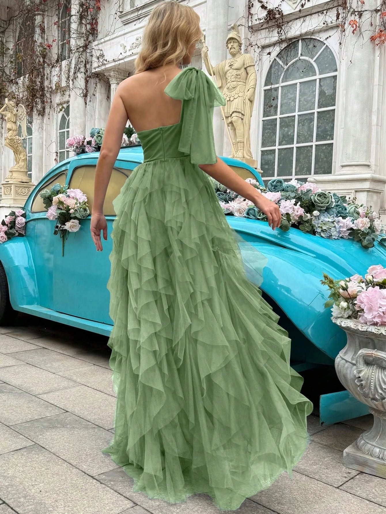 Romantic A - Line One - Shoulder Bow - Detail Floor - Length Evening Dresses