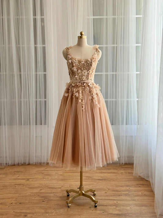 Romantic A-Line Spaghetti Strap Floral Embroidered Lace-Up Back Tulle Midi Evening Dress
