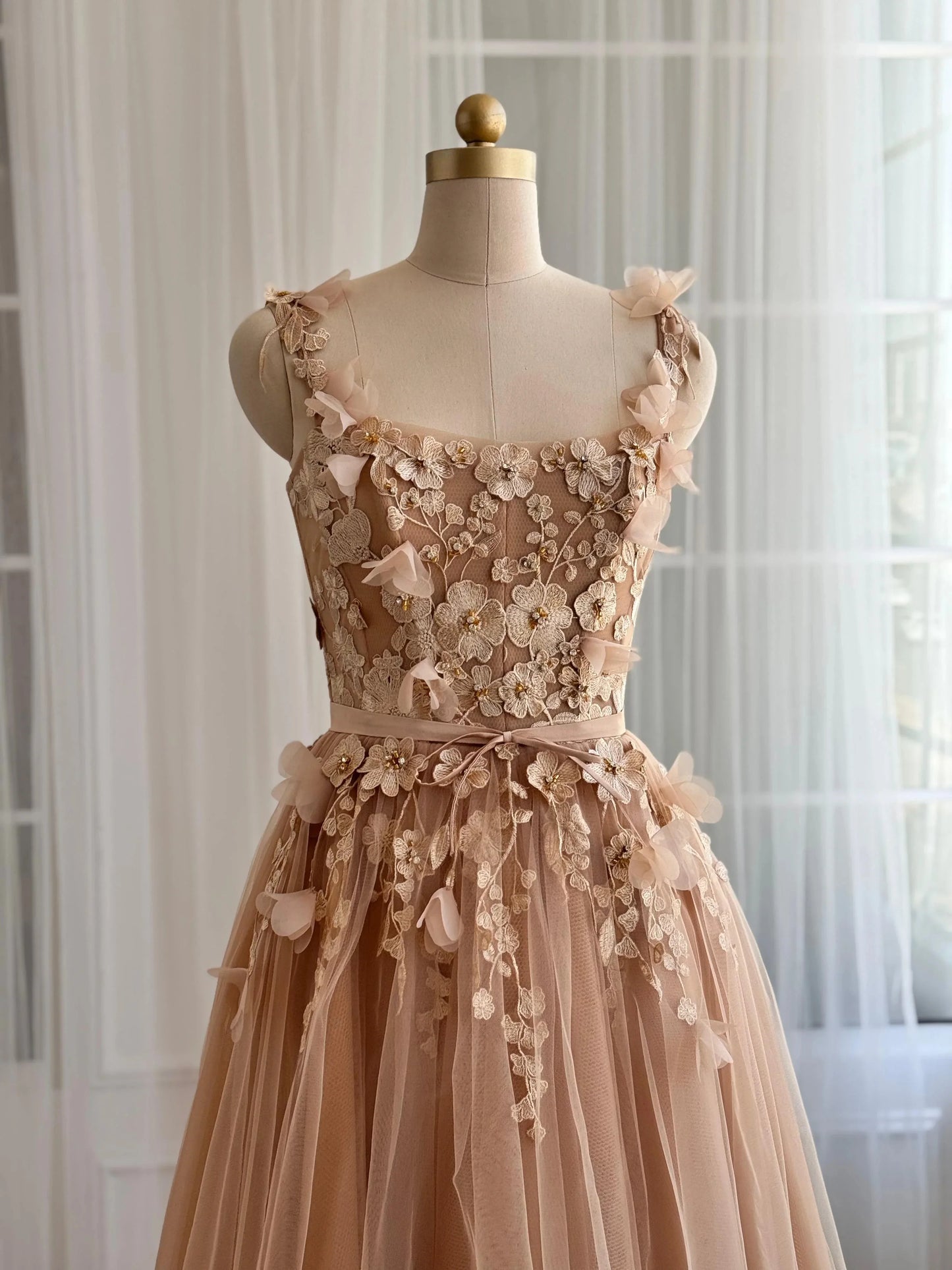 Romantic A-Line Spaghetti Strap Floral Embroidered Lace-Up Back Tulle Midi Evening Dress