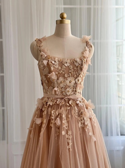 Romantic A-Line Spaghetti Strap Floral Embroidered Lace-Up Back Tulle Midi Evening Dress