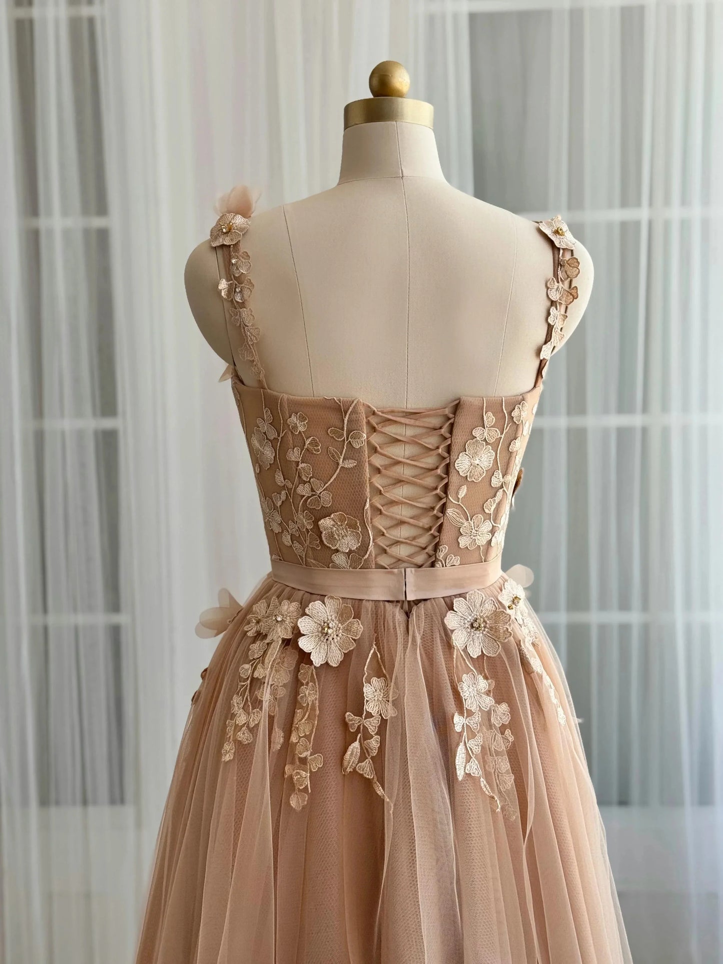 Romantic A-Line Spaghetti Strap Floral Embroidered Lace-Up Back Tulle Midi Evening Dress
